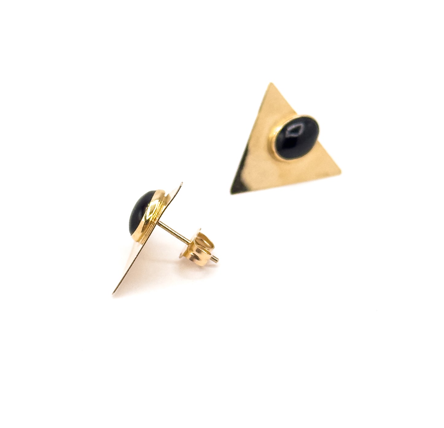 Vintage 1990s Triangular Stud Earrings w Onyx Cabochon in 10K Gold