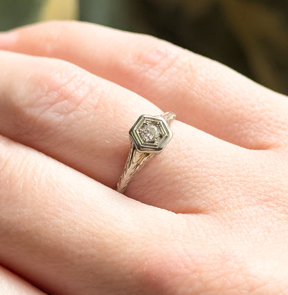 Art Deco Diamond Ring with Filigree Details Hexagon