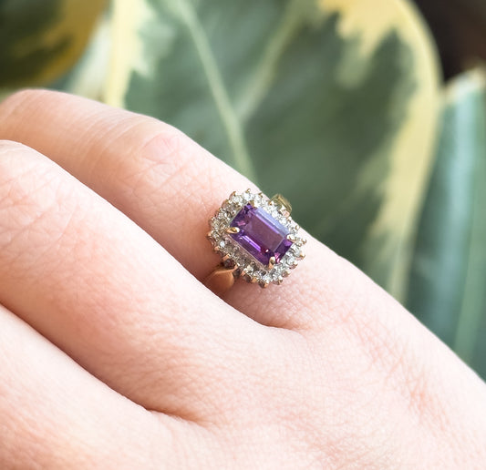 Vintage Amethyst Ring with Diamond Halo in 10K gold