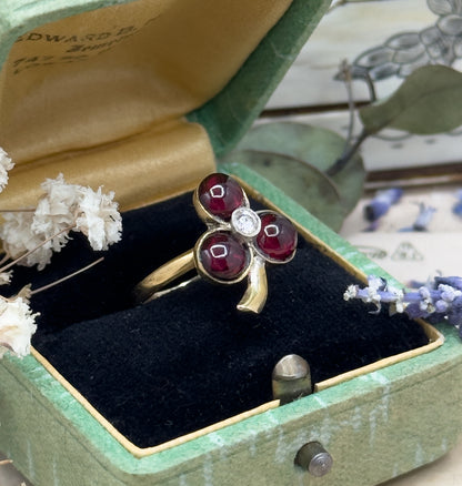 Handmade Garnet & Diamond Clover Ring