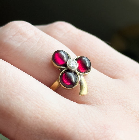Handmade Garnet & Diamond Clover Ring