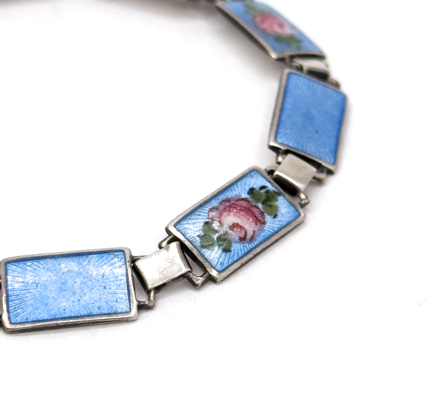 Mid-Century Blue Guilloche Enamel Rose Bracelet in Silver