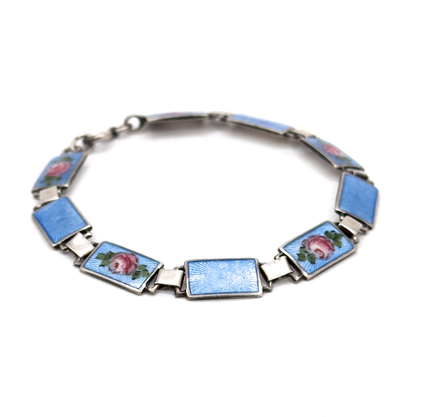 Mid-Century Blue Guilloche Enamel Rose Bracelet in Silver