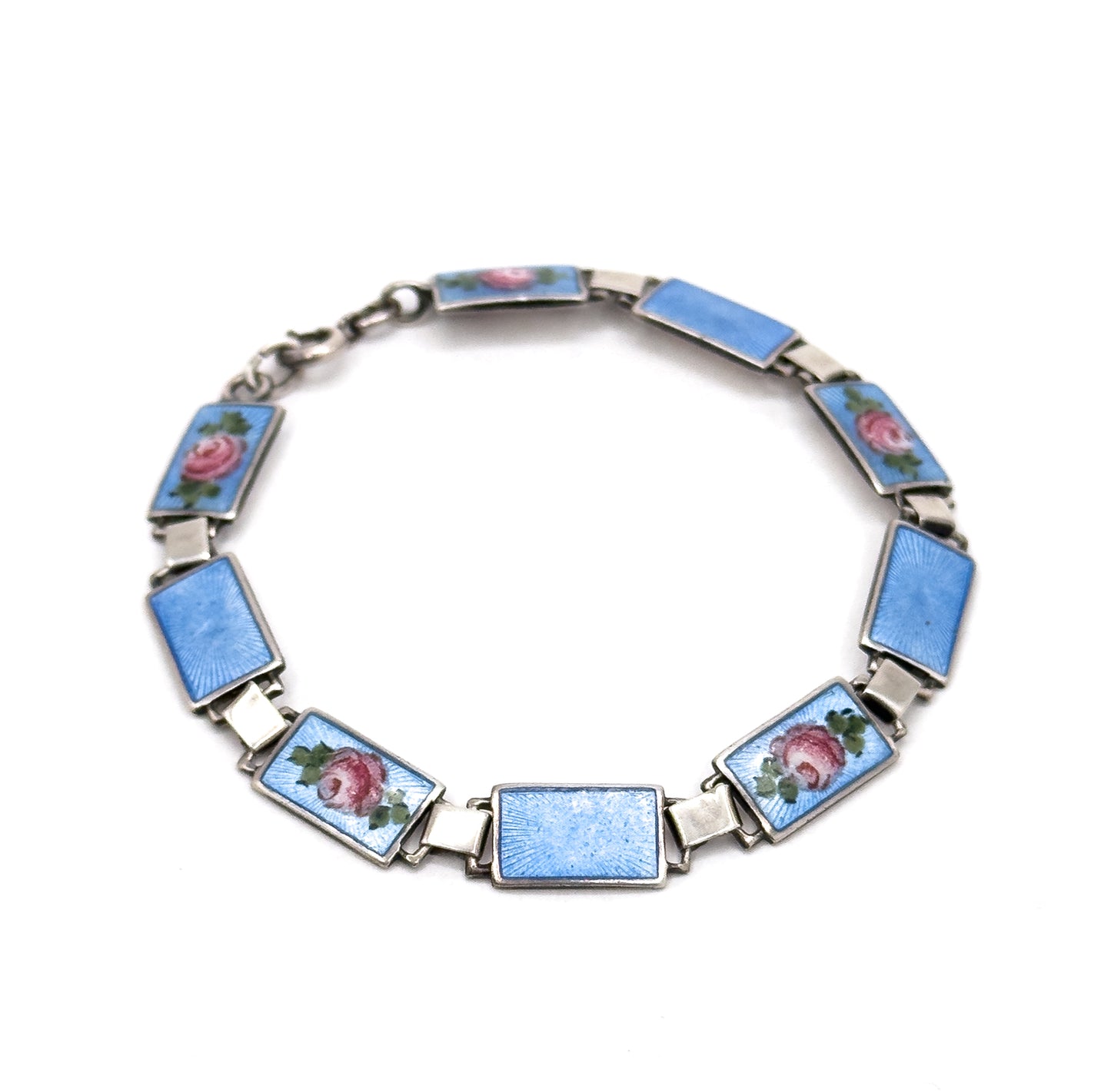 Mid-Century Blue Guilloche Enamel Rose Bracelet in Silver