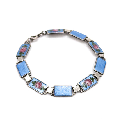 Mid-Century Blue Guilloche Enamel Rose Bracelet in Silver