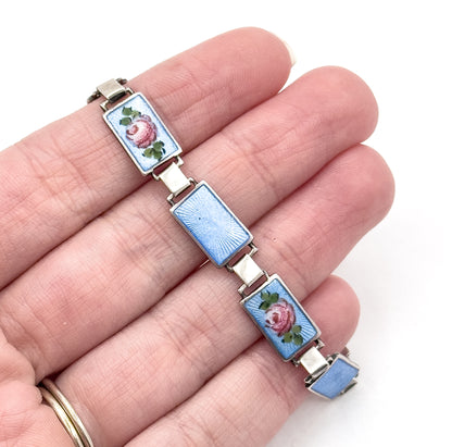 Mid-Century Blue Guilloche Enamel Rose Bracelet in Silver