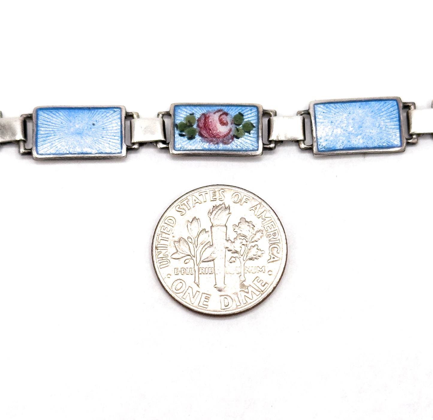 Mid-Century Blue Guilloche Enamel Rose Bracelet in Silver