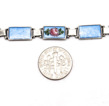 Mid-Century Blue Guilloche Enamel Rose Bracelet in Silver