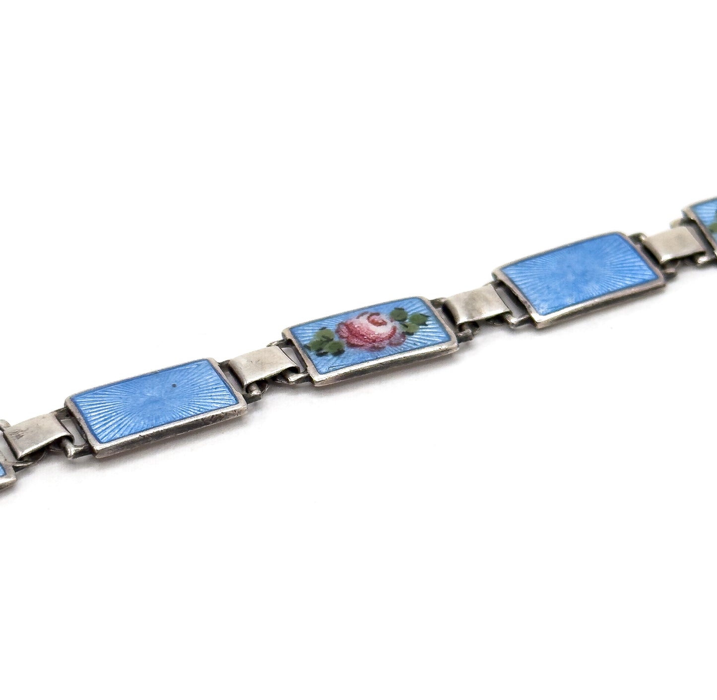 Mid-Century Blue Guilloche Enamel Rose Bracelet in Silver