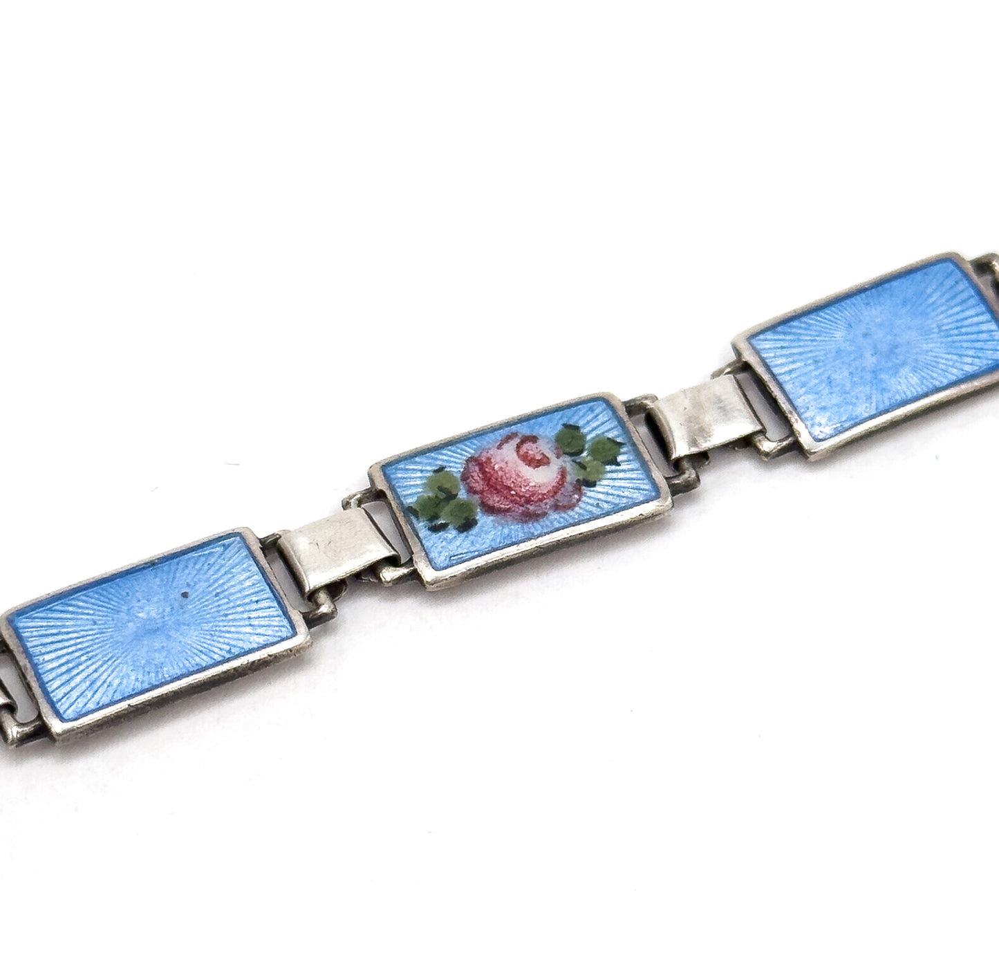 Mid-Century Blue Guilloche Enamel Rose Bracelet in Silver