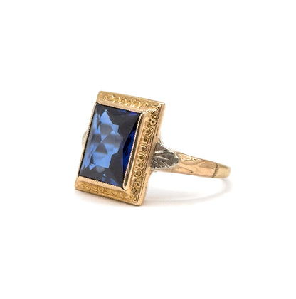 Vintage 1940s Created Sapphire Ring in 10K Gold