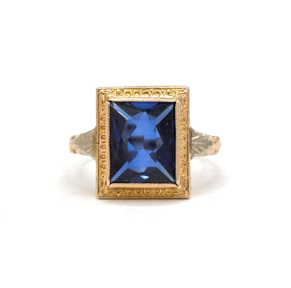 Vintage 1940s Created Sapphire Ring in 10K Gold