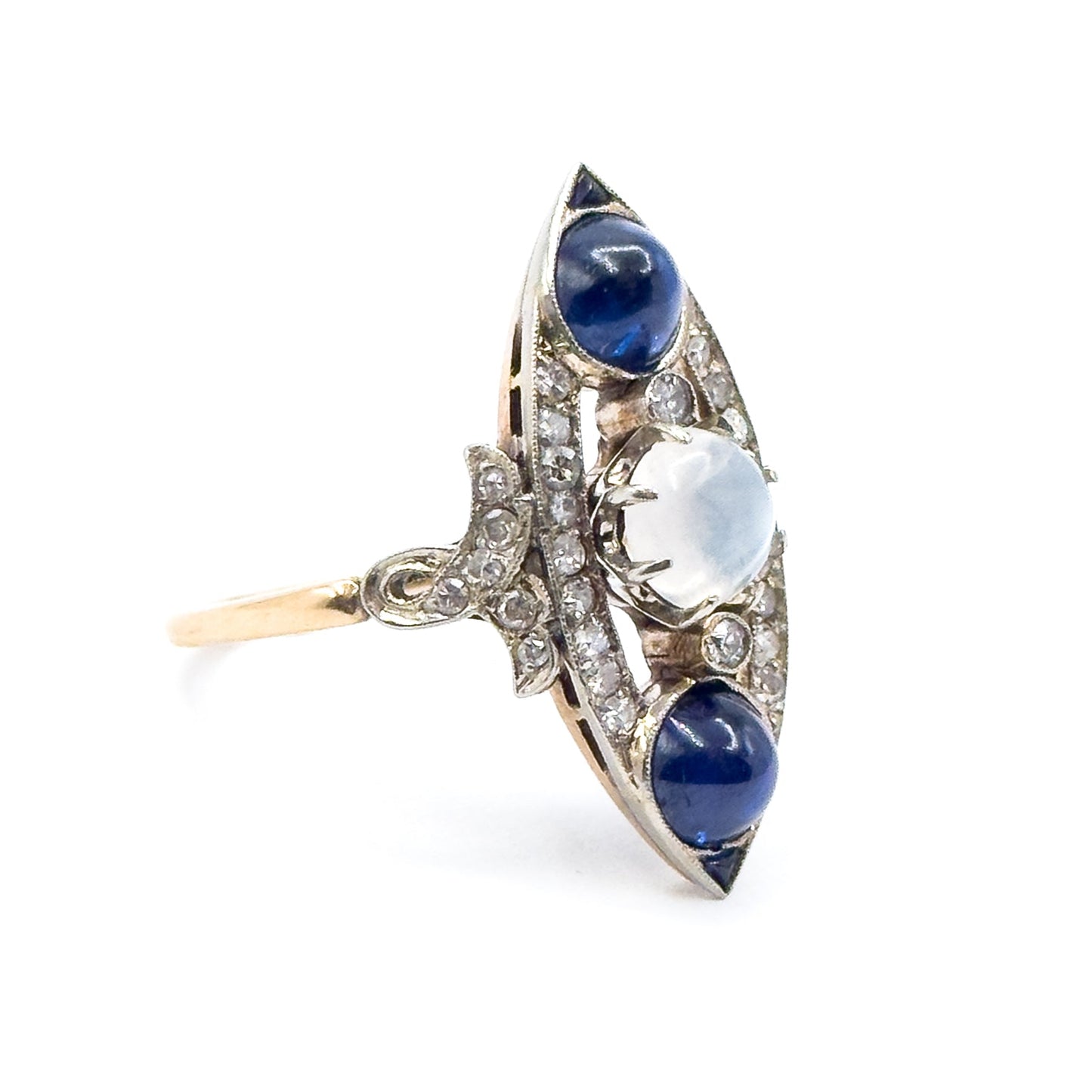 Antique Cabochon Sapphire, Moonstone & Diamond Navette Ring in 14K