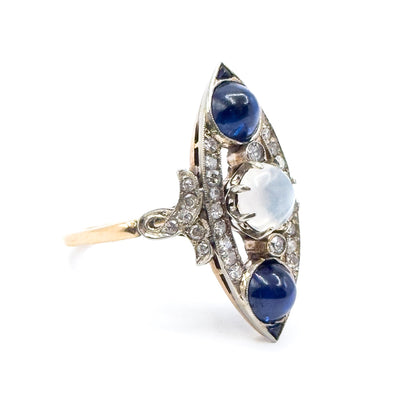 Antique Cabochon Sapphire, Moonstone & Diamond Navette Ring in 14K