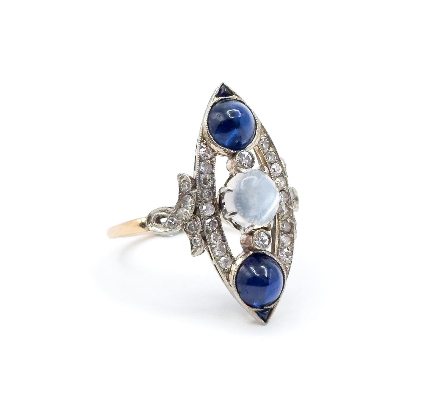 Antique Cabochon Sapphire, Moonstone & Diamond Navette Ring in 14K