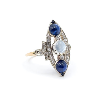 Antique Cabochon Sapphire, Moonstone & Diamond Navette Ring in 14K