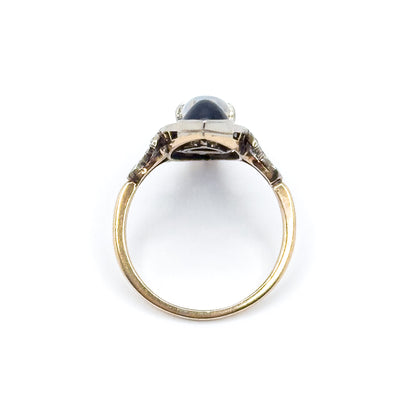 Antique Cabochon Sapphire, Moonstone & Diamond Navette Ring in 14K