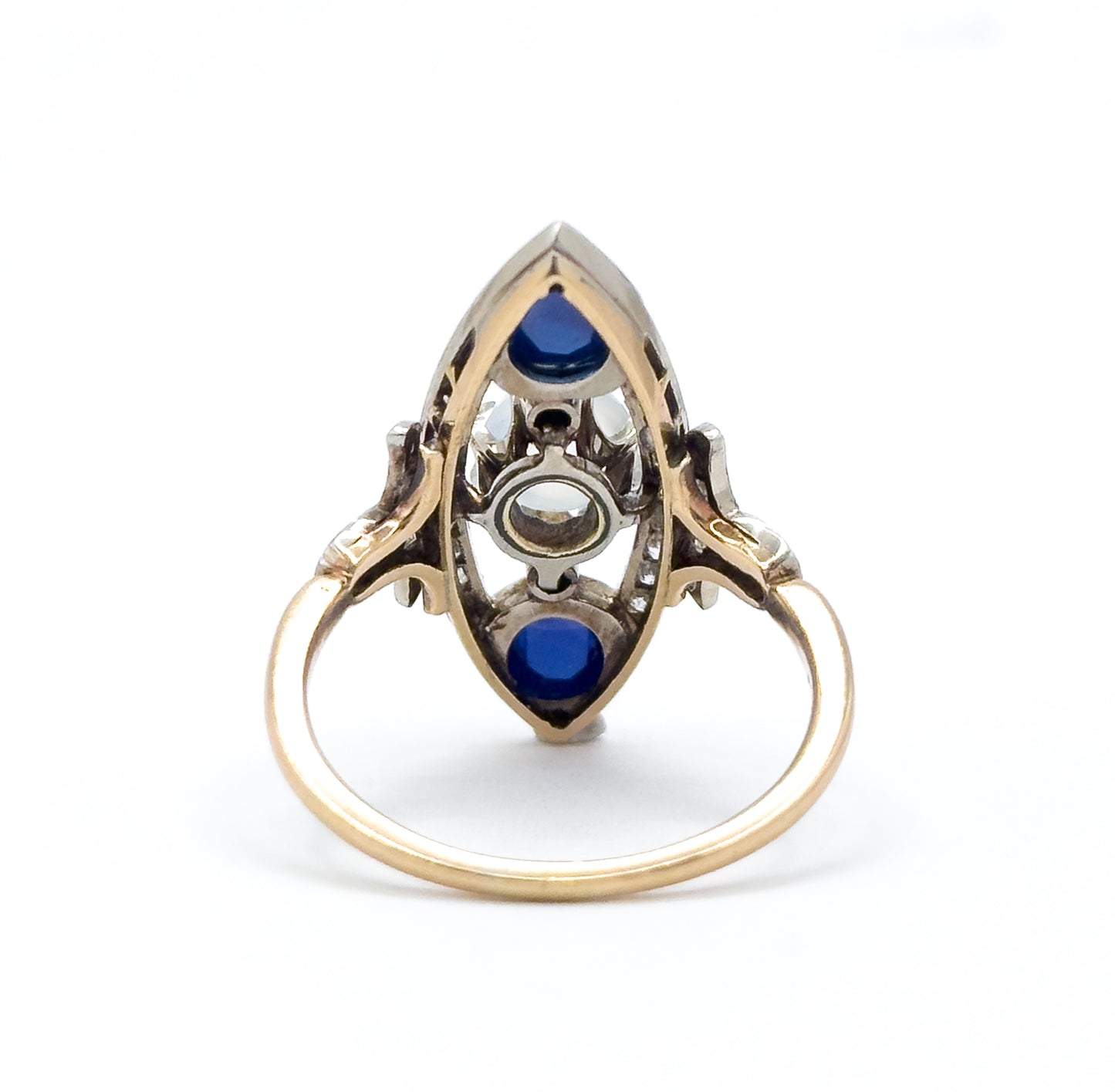Antique Cabochon Sapphire, Moonstone & Diamond Navette Ring in 14K