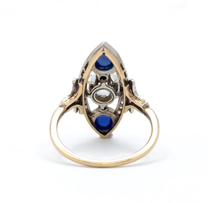 Antique Cabochon Sapphire, Moonstone & Diamond Navette Ring in 14K