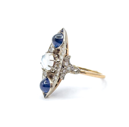 Antique Cabochon Sapphire, Moonstone & Diamond Navette Ring in 14K