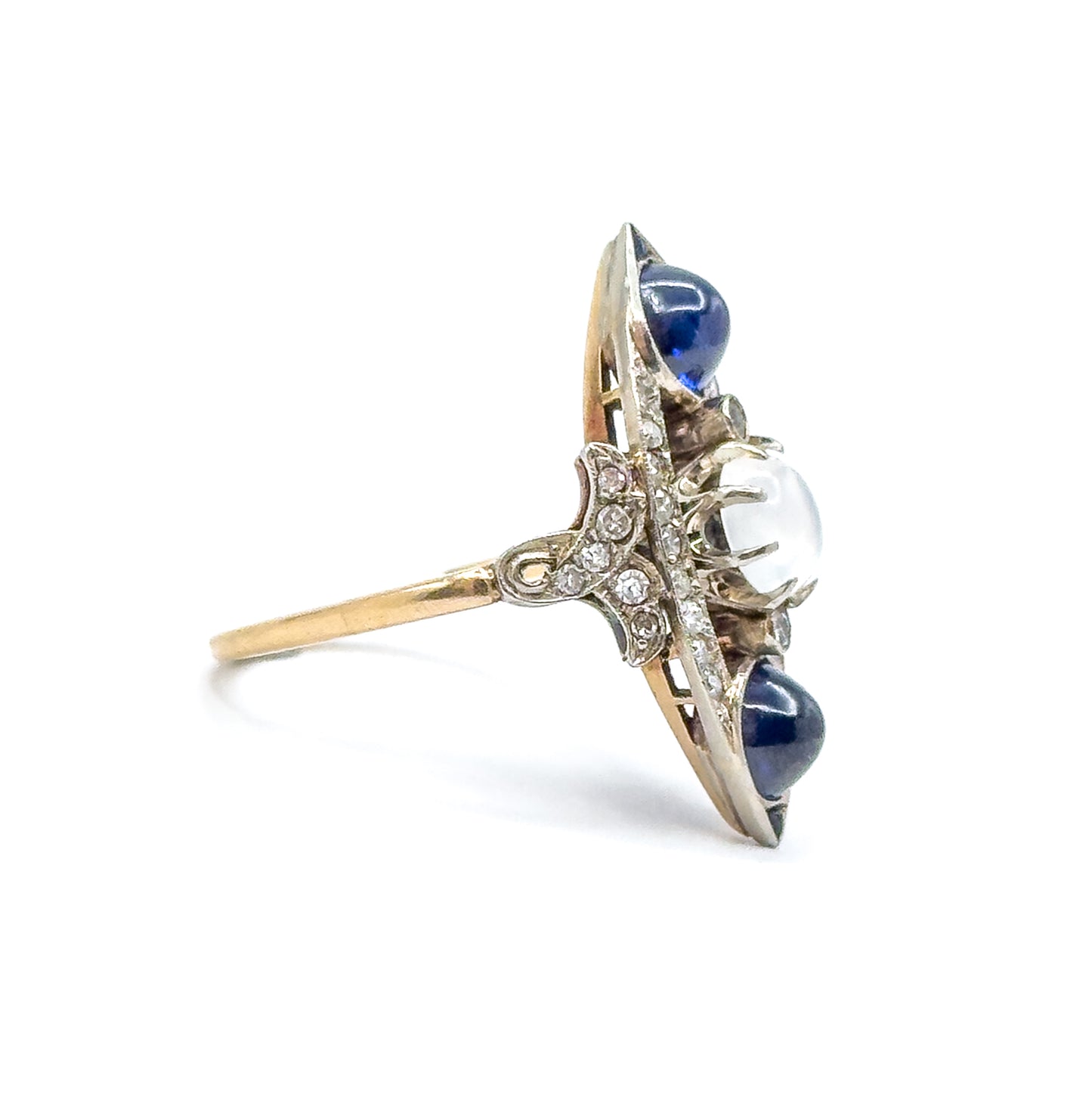 Antique Cabochon Sapphire, Moonstone & Diamond Navette Ring in 14K