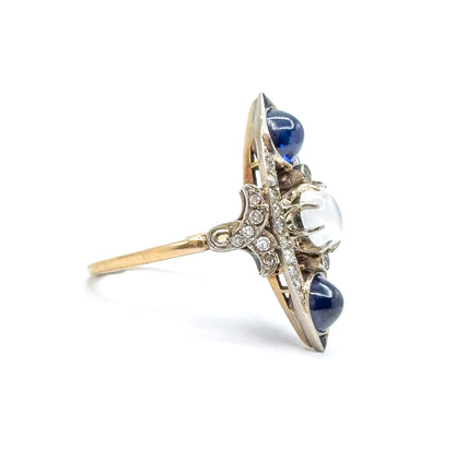 Antique Cabochon Sapphire, Moonstone & Diamond Navette Ring in 14K