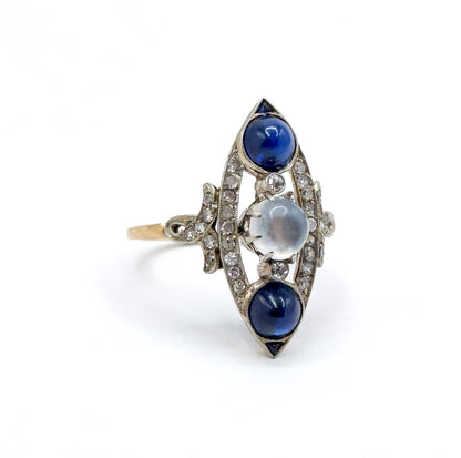 Antique Cabochon Sapphire, Moonstone & Diamond Navette Ring in 14K