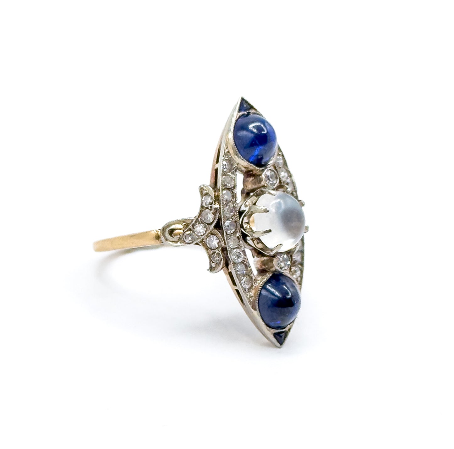 Antique Cabochon Sapphire, Moonstone & Diamond Navette Ring in 14K