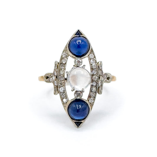 Antique Cabochon Sapphire, Moonstone & Diamond Navette Ring in 14K