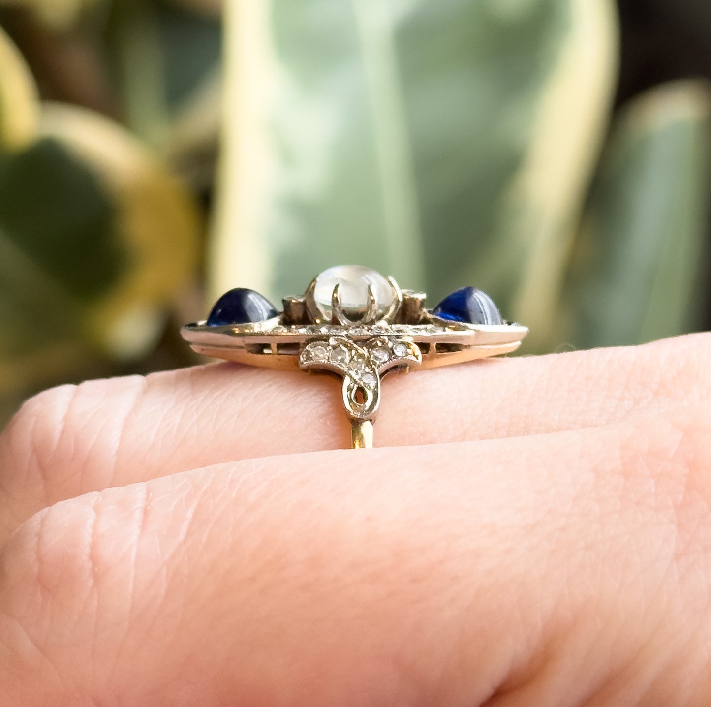 Antique Cabochon Sapphire, Moonstone & Diamond Navette Ring in 14K