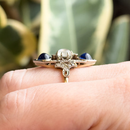 Antique Cabochon Sapphire, Moonstone & Diamond Navette Ring in 14K