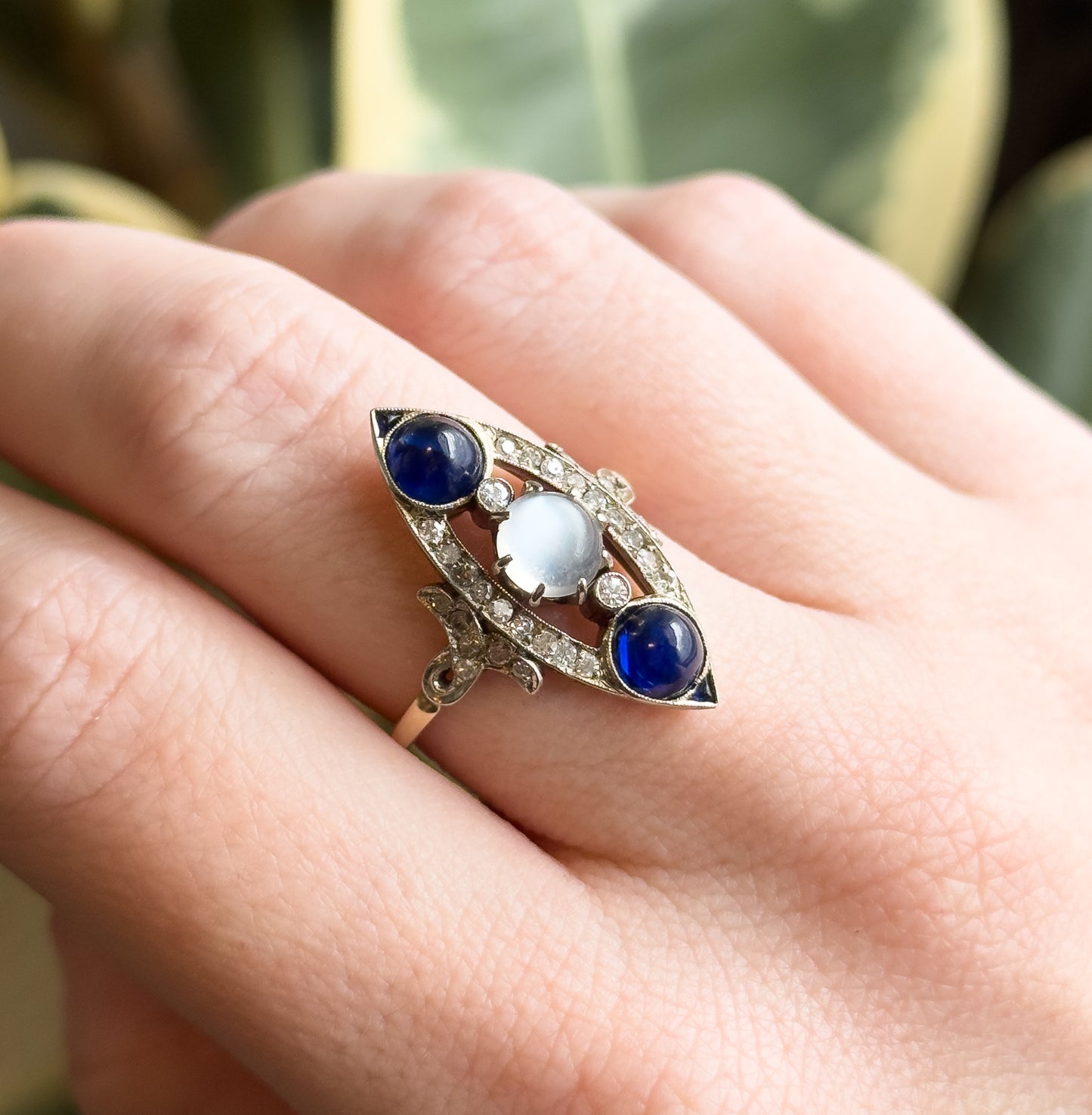 Antique Cabochon Sapphire, Moonstone & Diamond Navette Ring in 14K