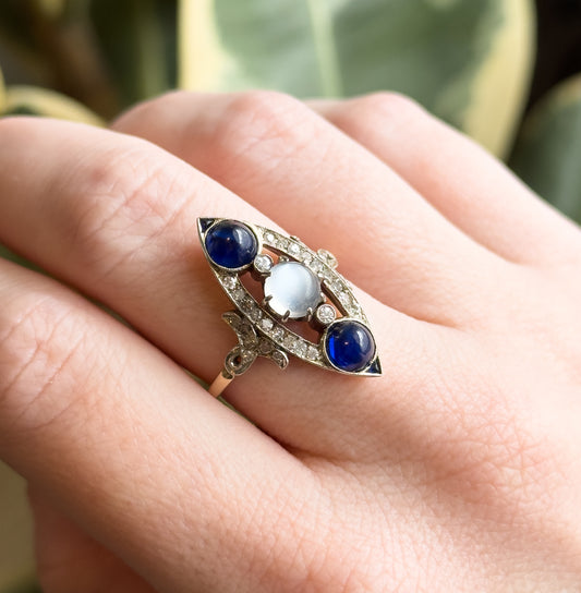 Antique Cabochon Sapphire, Moonstone & Diamond Navette Ring in 14K
