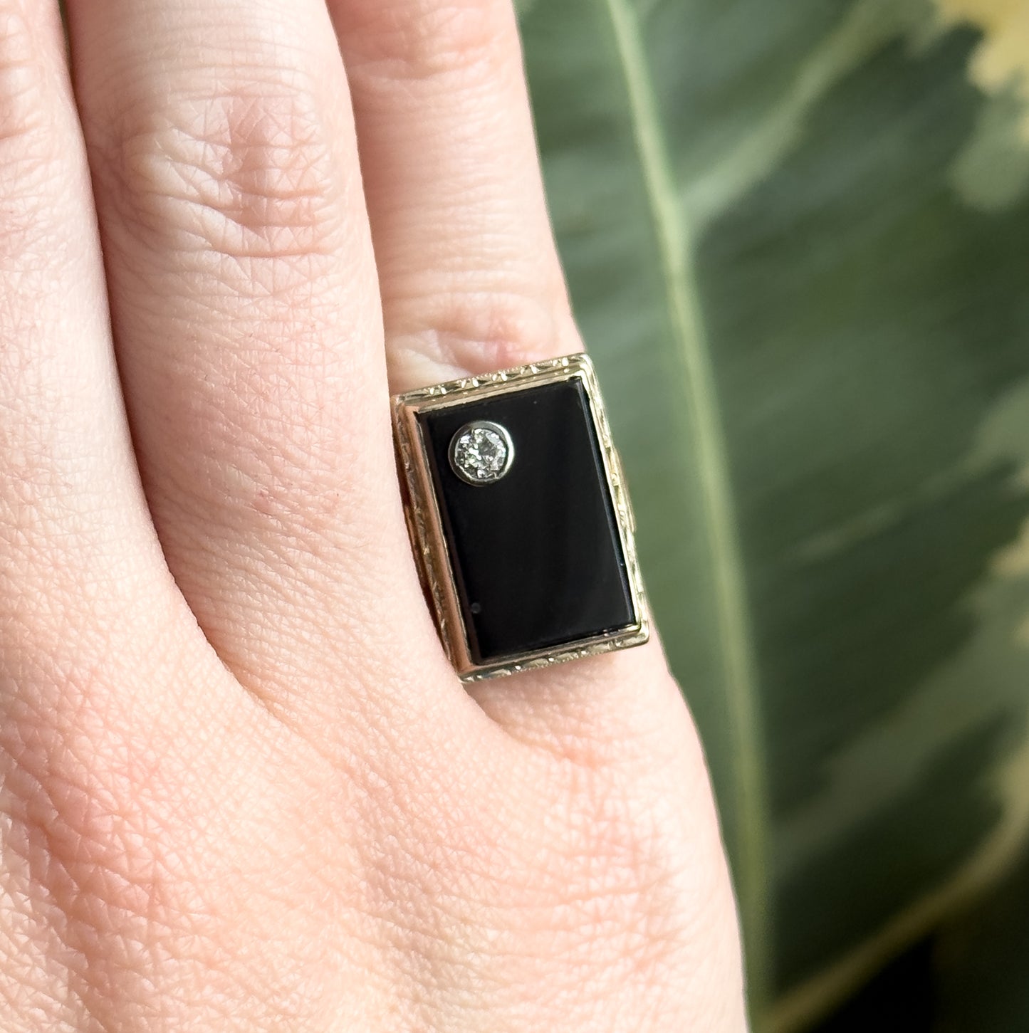 Art Deco Onyx & Old European Cut Diamond Ring in 14K Gold