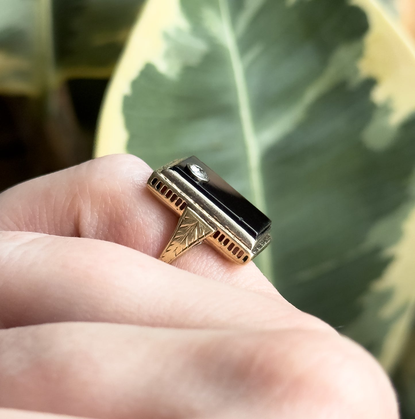 Art Deco Onyx & Old European Cut Diamond Ring in 14K Gold
