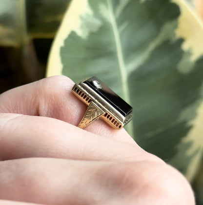 Art Deco Onyx & Old European Cut Diamond Ring in 14K Gold
