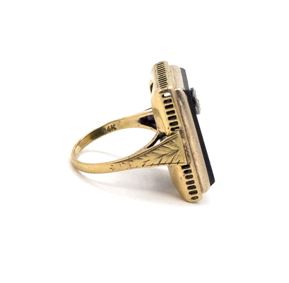 Art Deco Onyx & Old European Cut Diamond Ring in 14K Gold