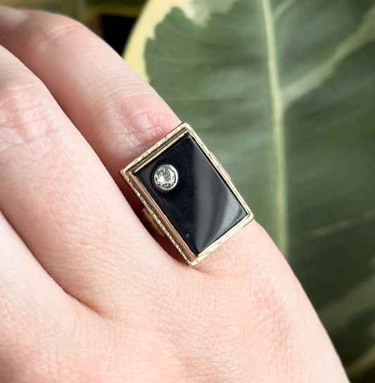 Art Deco Onyx & Old European Cut Diamond Ring in 14K Gold