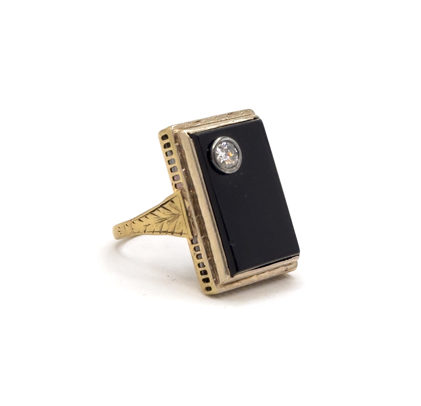 Art Deco Onyx & Old European Cut Diamond Ring in 14K Gold