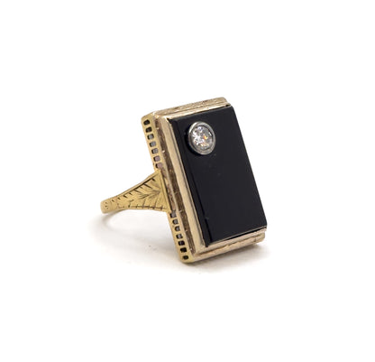 Art Deco Onyx & Old European Cut Diamond Ring in 14K Gold