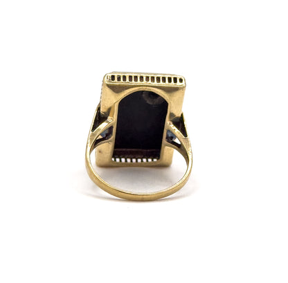 Art Deco Onyx & Old European Cut Diamond Ring in 14K Gold