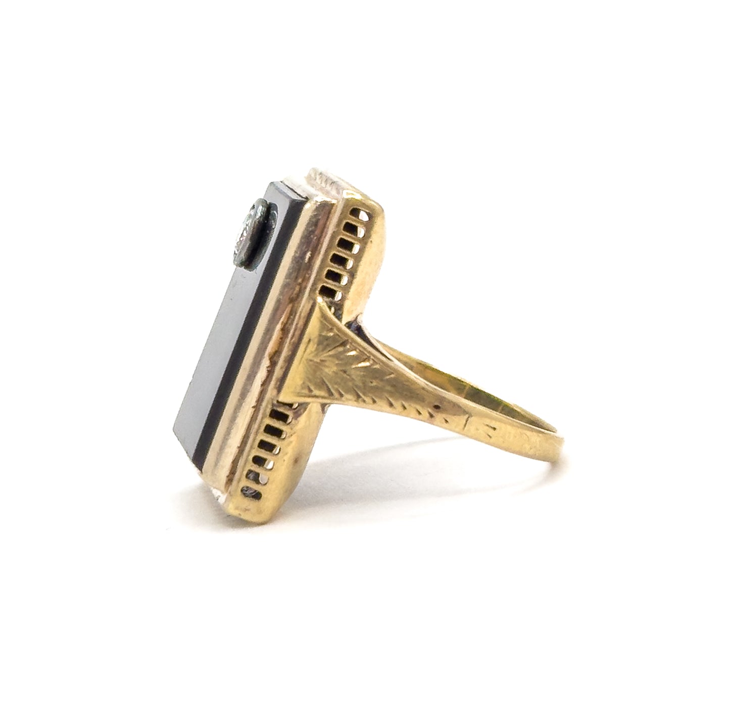 Art Deco Onyx & Old European Cut Diamond Ring in 14K Gold