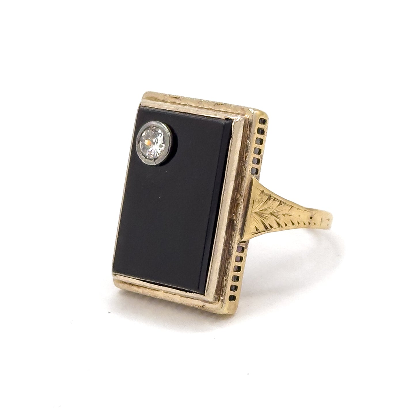 Art Deco Onyx & Old European Cut Diamond Ring in 14K Gold
