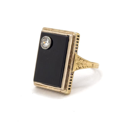 Art Deco Onyx & Old European Cut Diamond Ring in 14K Gold