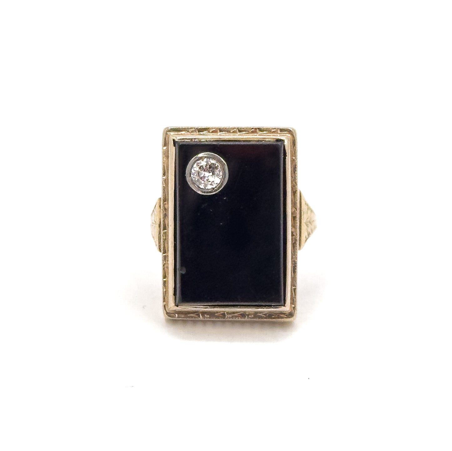 Art Deco Onyx & Old European Cut Diamond Ring in 14K Gold