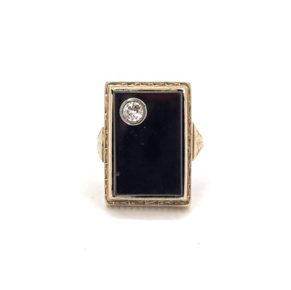 Art Deco Onyx & Old European Cut Diamond Ring in 14K Gold
