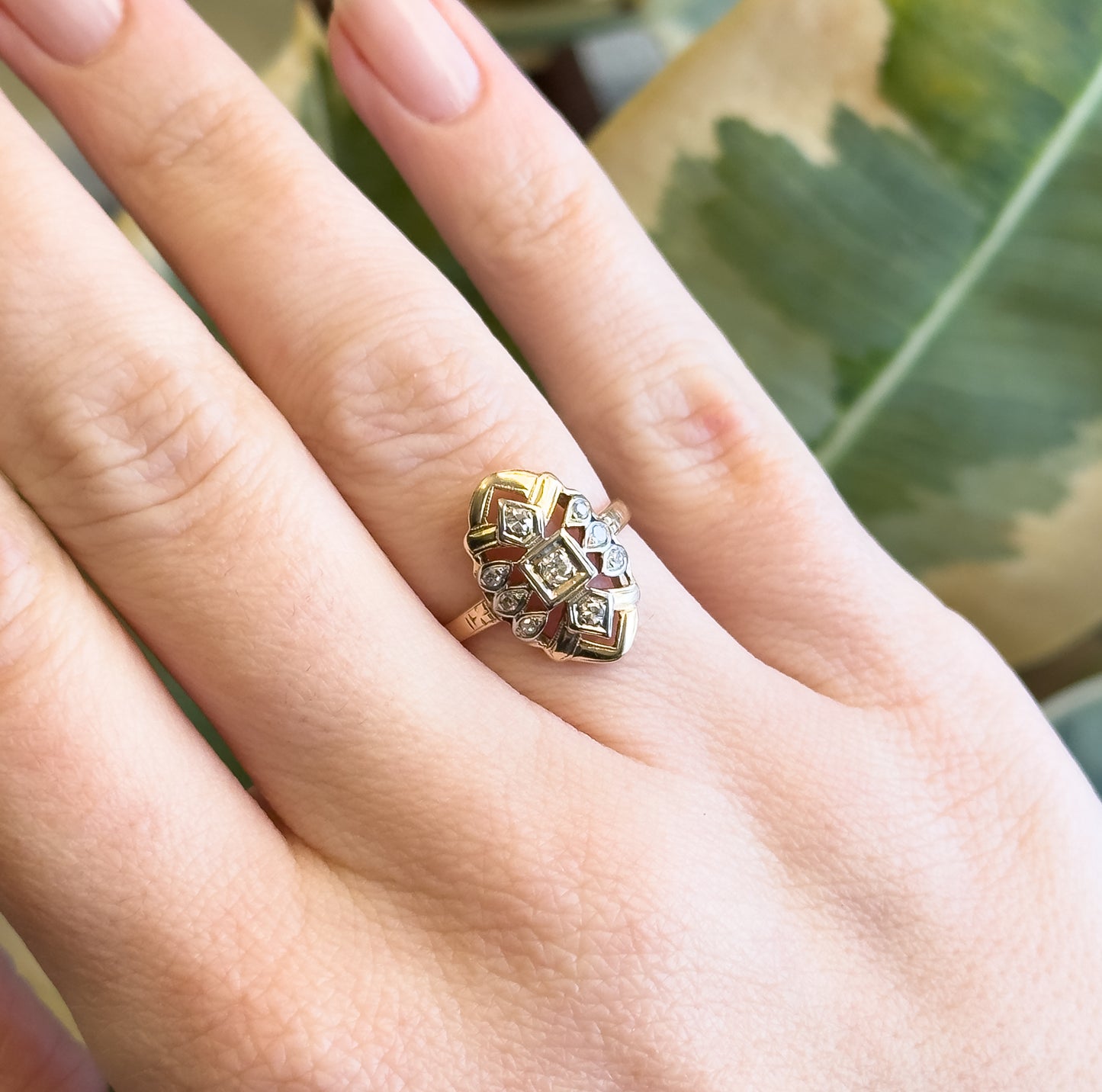 Late Art Deco Diamond Shield Ring in 14K Gold