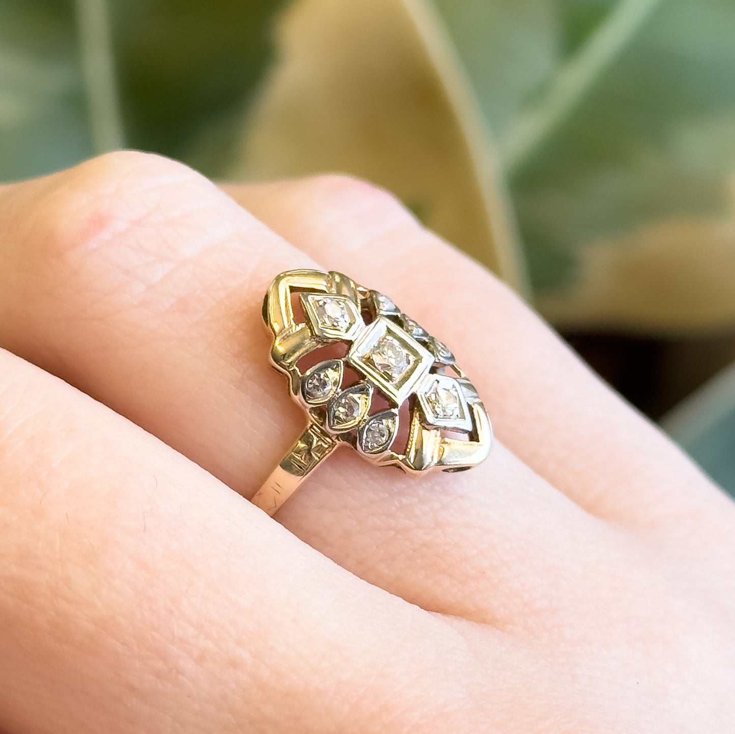 Late Art Deco Diamond Shield Ring in 14K Gold