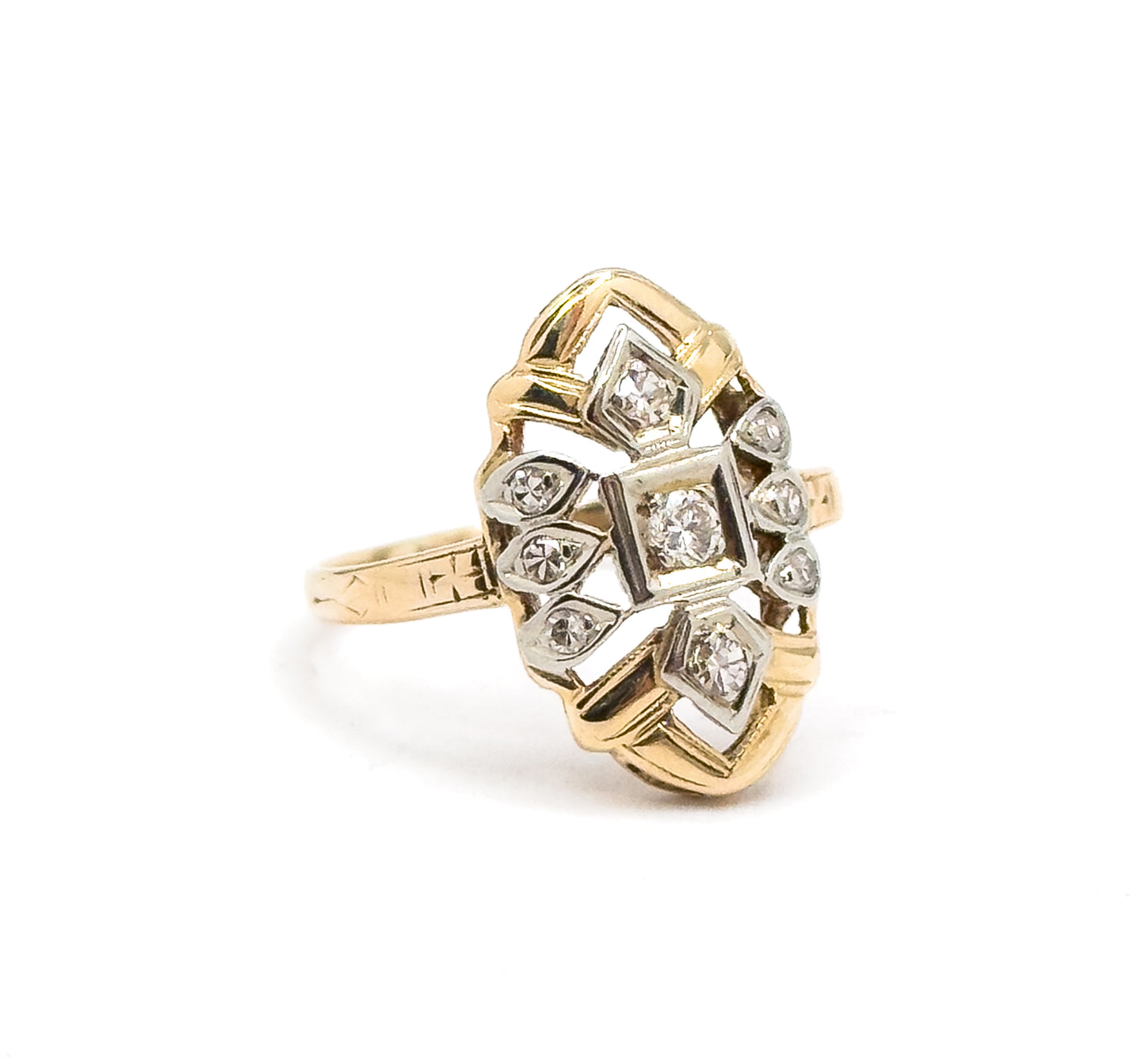 Late Art Deco Diamond Shield Ring in 14K Gold