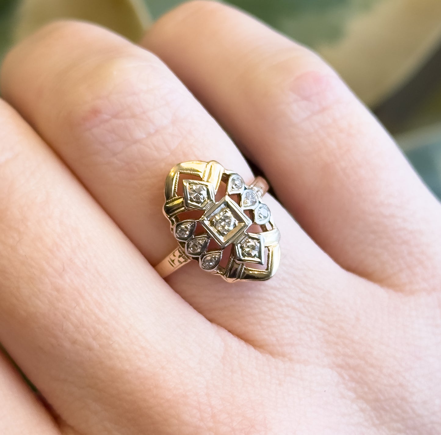 Late Art Deco Diamond Shield Ring in 14K Gold